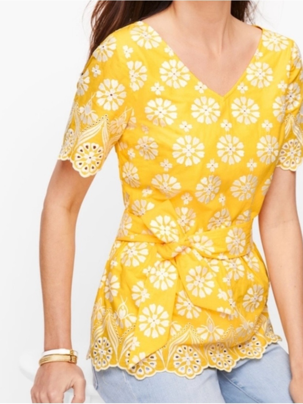 Talbots Yellow Floral Eyelet Tie-Front Tunic